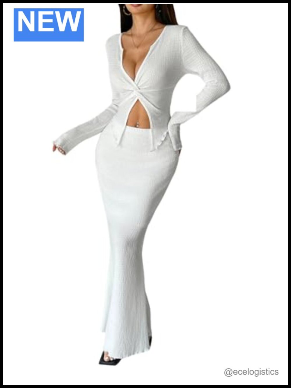 Women's 2-Piece Set Twist Long Sleeve Crop Top Bodycon Maxi Skirt Outfit